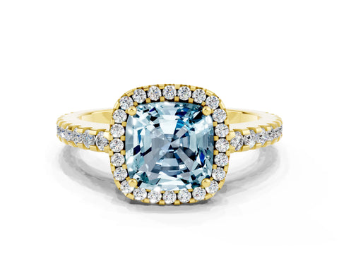 Yellow gold Cushion Cut Aquamarine Halo Engagement Ring with Pavé Band and Prong Setting_12