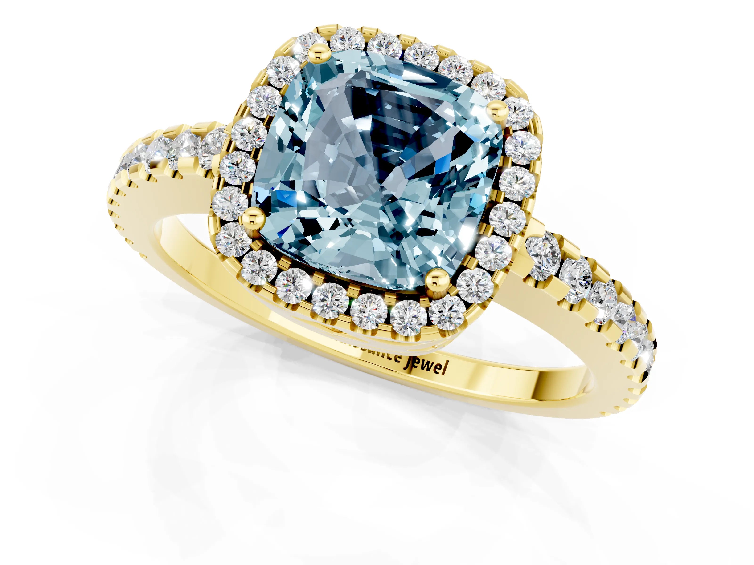 Yellow gold Cushion Cut Aquamarine Halo Engagement Ring with Pavé Band and Prong Setting_13