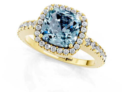 Yellow gold Cushion Cut Aquamarine Halo Engagement Ring with Pavé Band and Prong Setting_13