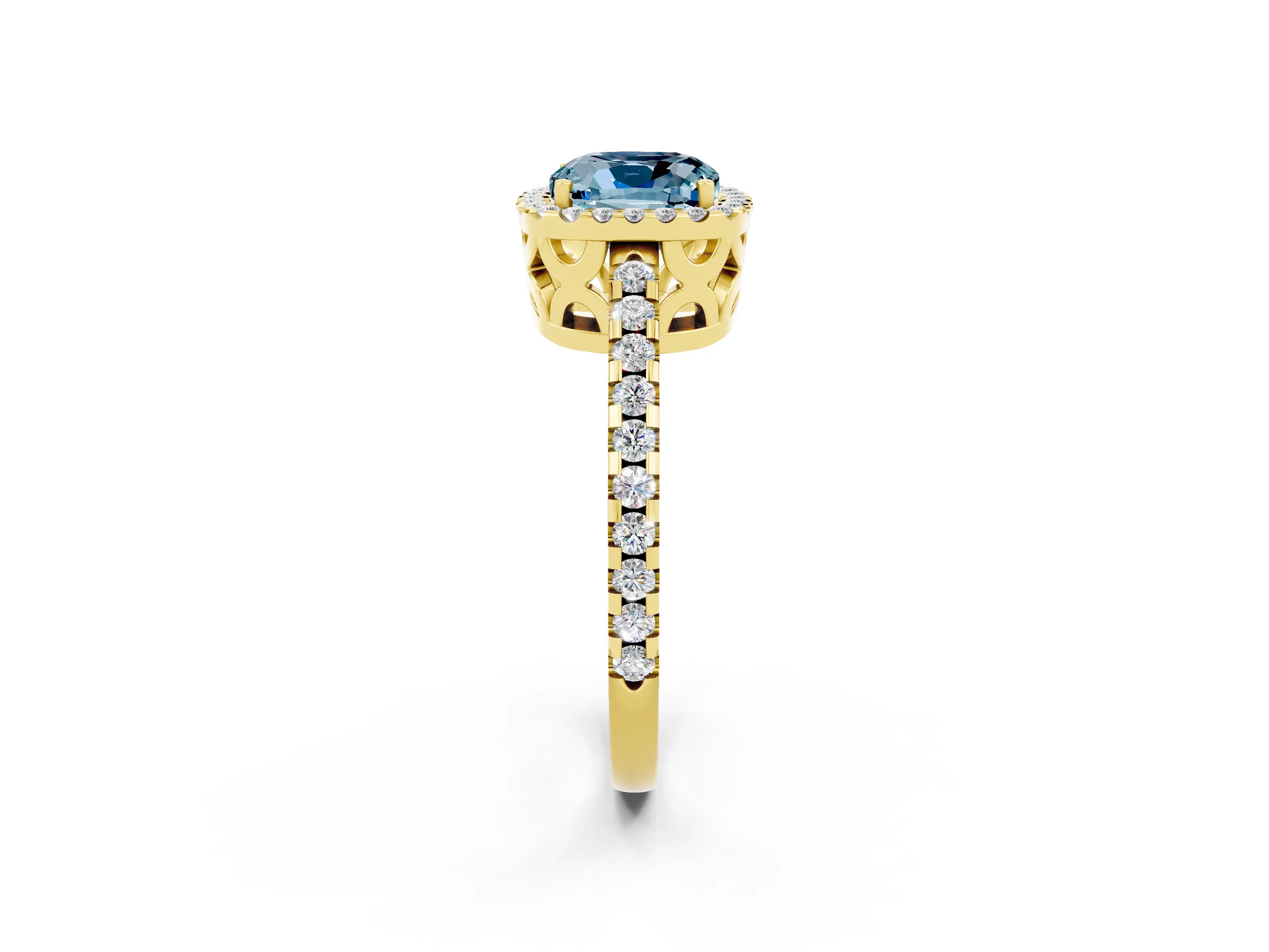 Yellow gold Cushion Cut Aquamarine Halo Engagement Ring with Pavé Band and Prong Setting_14