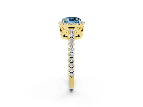 Yellow gold Cushion Cut Aquamarine Halo Engagement Ring with Pavé Band and Prong Setting_14