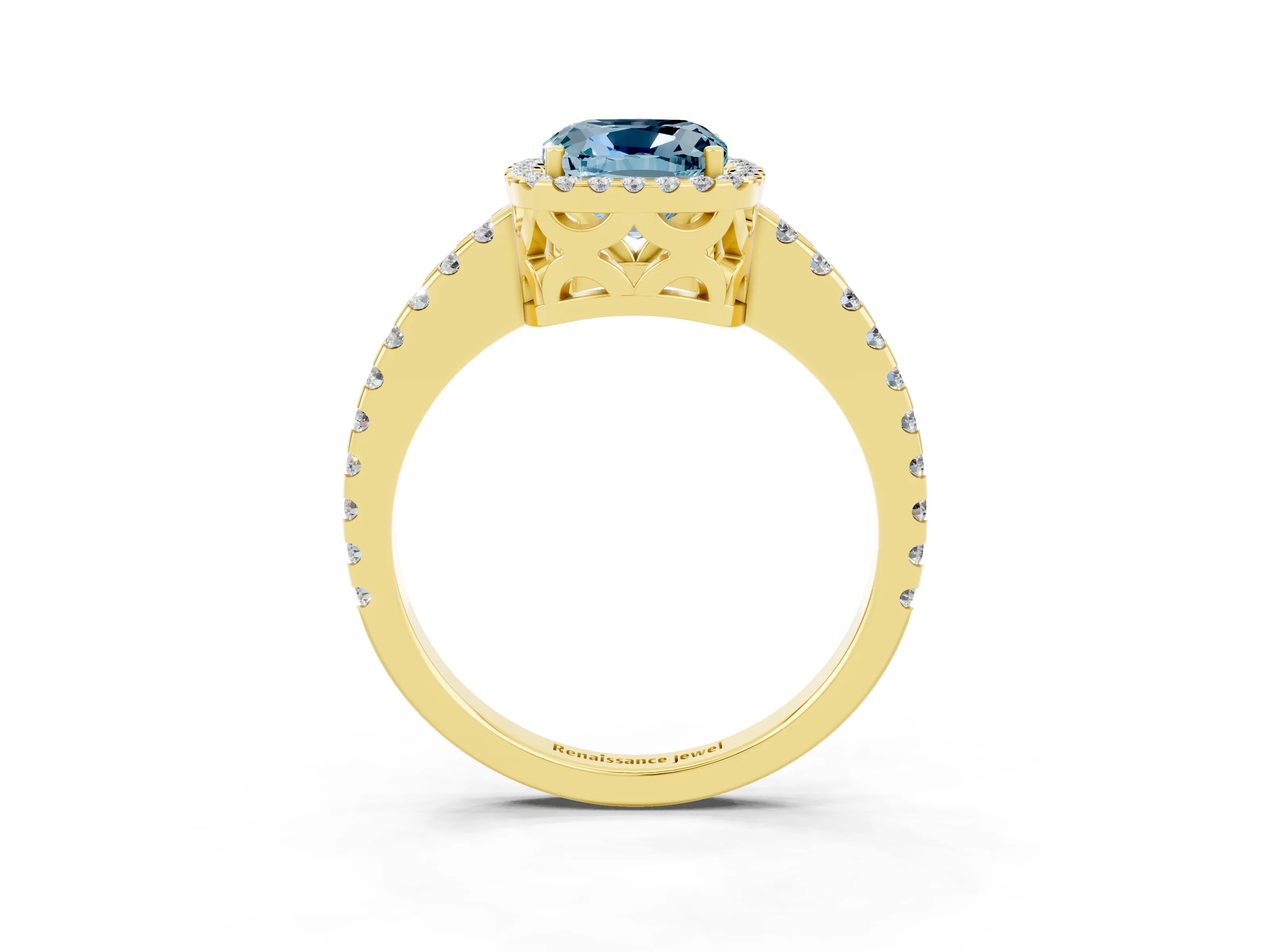 Yellow gold Cushion Cut Aquamarine Halo Engagement Ring with Pavé Band and Prong Setting_15