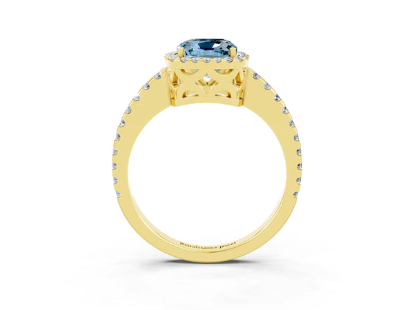 Yellow gold Cushion Cut Aquamarine Halo Engagement Ring with Pavé Band and Prong Setting