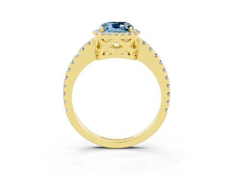 Yellow gold Cushion Cut Aquamarine Halo Engagement Ring with Pavé Band and Prong Setting_15
