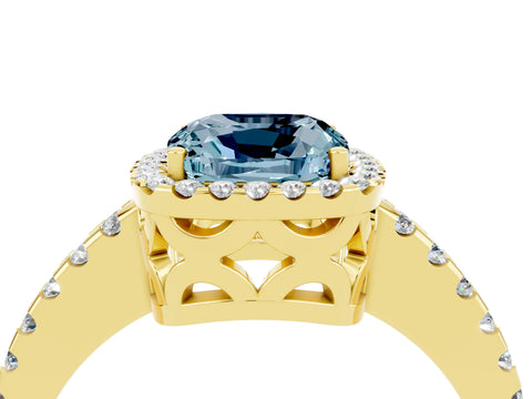Yellow gold Cushion Cut Aquamarine Halo Engagement Ring with Pavé Band and Prong Setting_16
