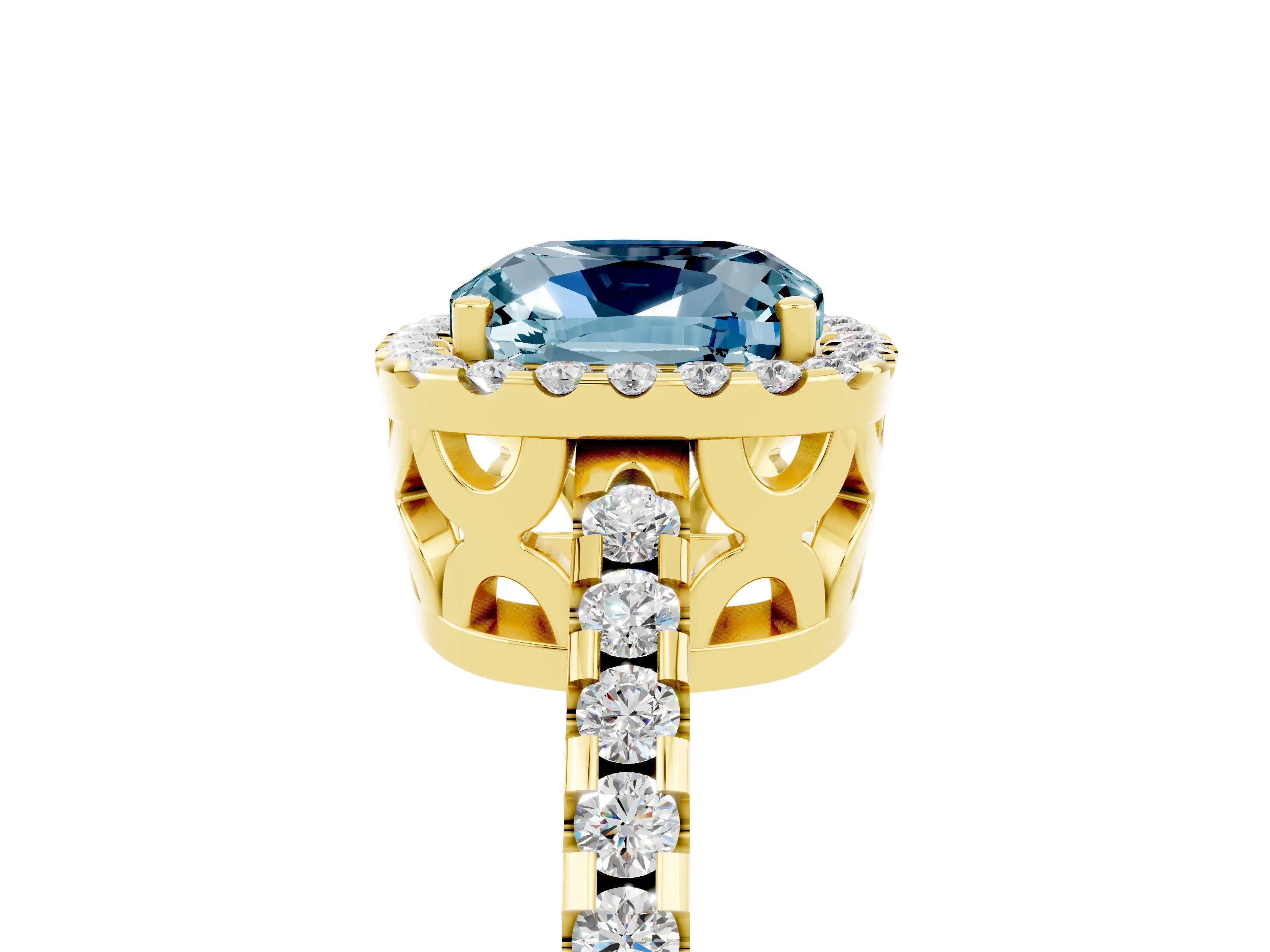 Yellow gold Cushion Cut Aquamarine Halo Engagement Ring with Pavé Band and Prong Setting_17