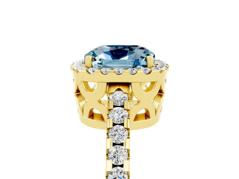 Yellow gold Cushion Cut Aquamarine Halo Engagement Ring with Pavé Band and Prong Setting_17