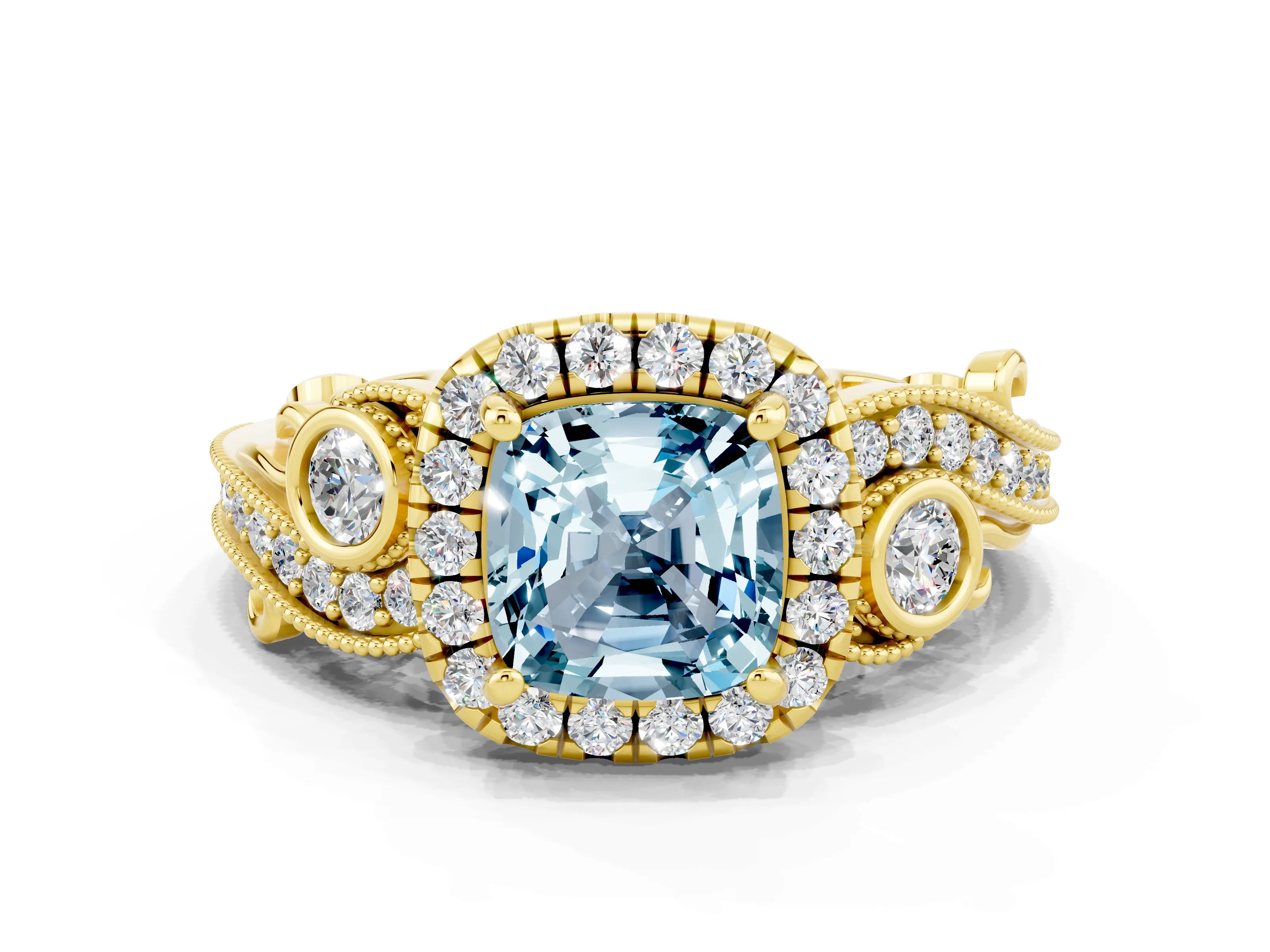 Yellow gold Cushion Cut Aquamarine Halo Ring with Milgrain Pavé Band and Four-Prong Setting_12