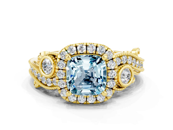 Yellow gold Cushion Cut Aquamarine Halo Ring with Milgrain Pavé Band and Four-Prong Setting
