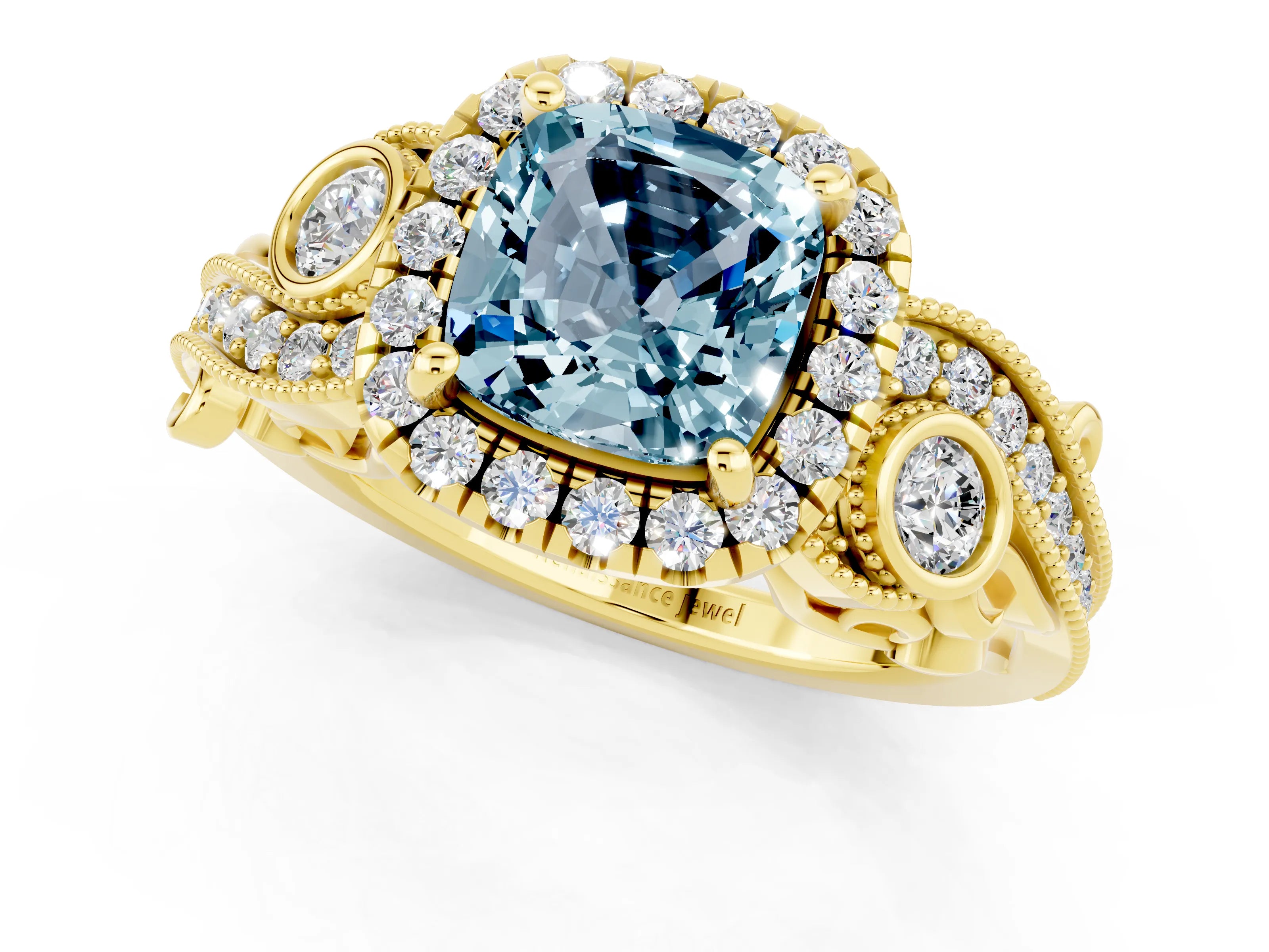 Yellow gold Cushion Cut Aquamarine Halo Ring with Milgrain Pavé Band and Four-Prong Setting_13