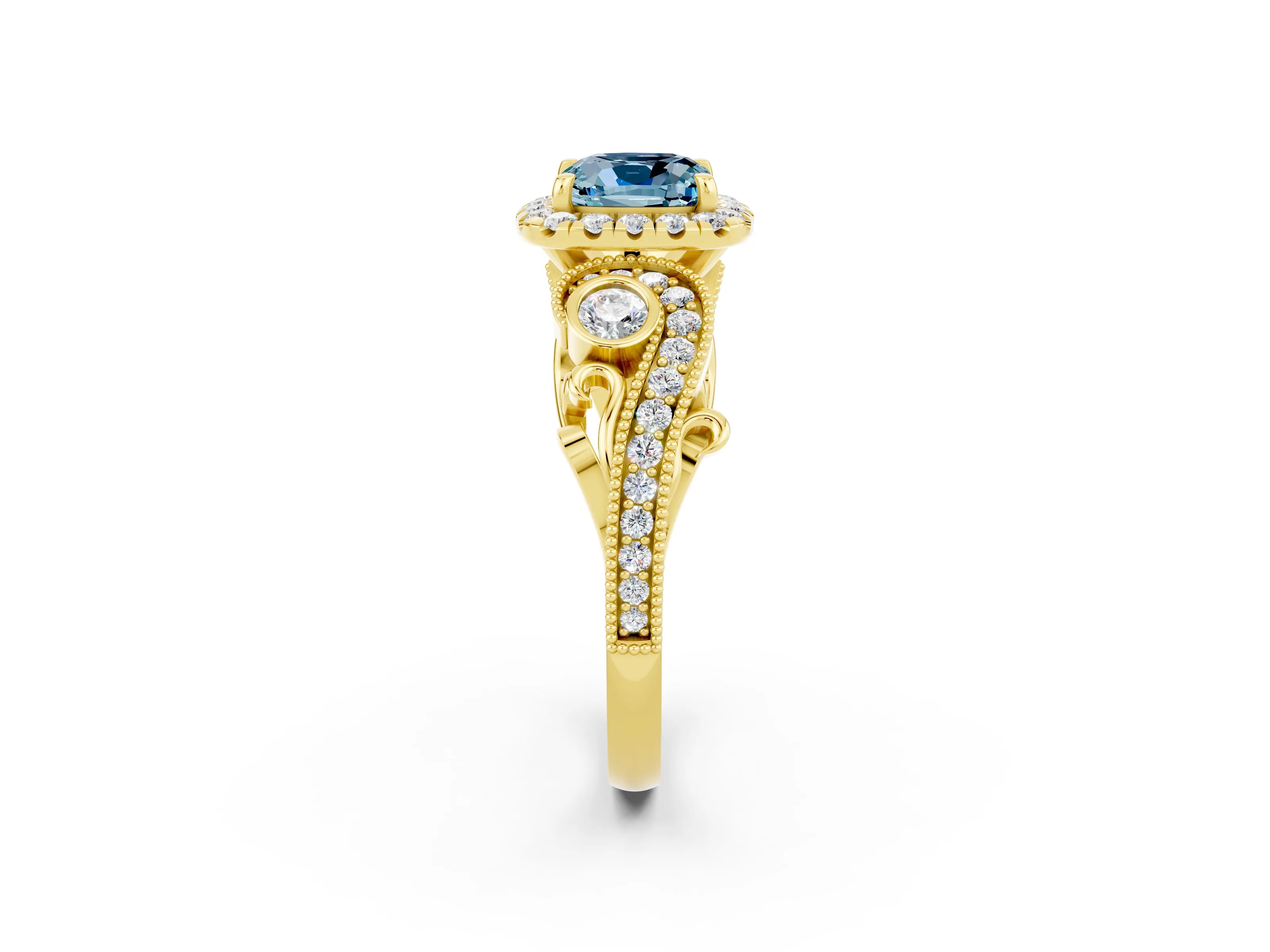 Yellow gold Cushion Cut Aquamarine Halo Ring with Milgrain Pavé Band and Four-Prong Setting_14