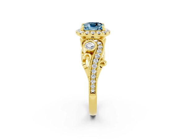 Yellow gold Cushion Cut Aquamarine Halo Ring with Milgrain Pavé Band and Four-Prong Setting