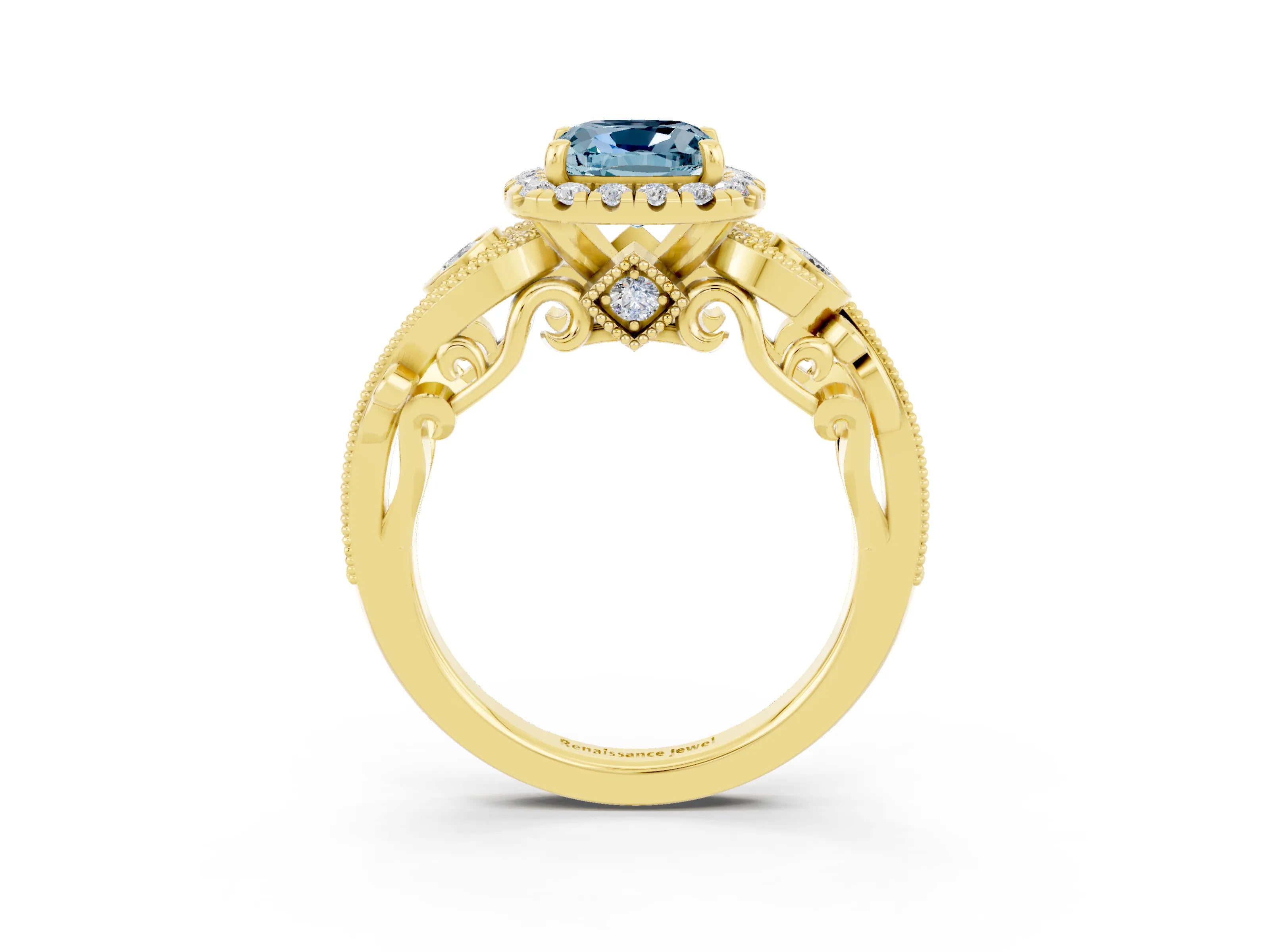 Yellow gold Cushion Cut Aquamarine Halo Ring with Milgrain Pavé Band and Four-Prong Setting_15