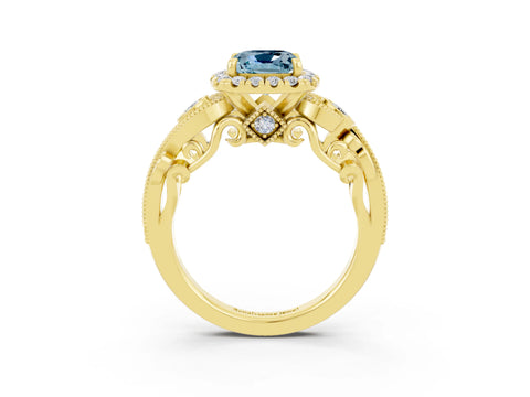 Yellow gold Cushion Cut Aquamarine Halo Ring with Milgrain Pavé Band and Four-Prong Setting_15