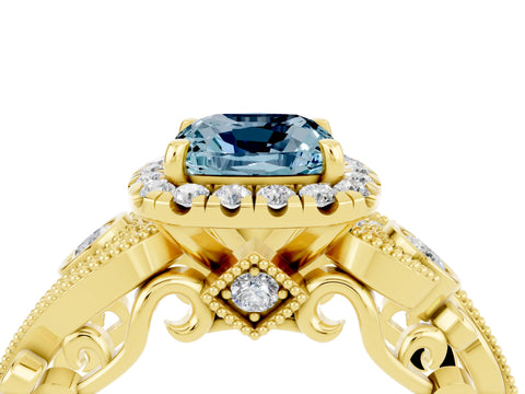 Yellow gold Cushion Cut Aquamarine Halo Ring with Milgrain Pavé Band and Four-Prong Setting_16