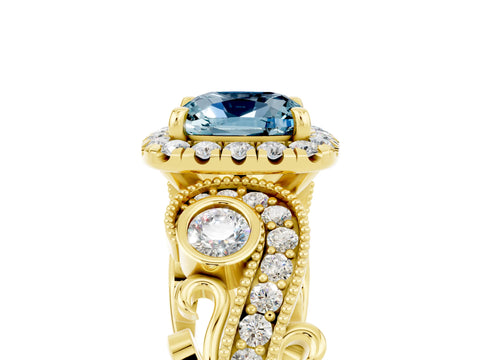 Yellow gold Cushion Cut Aquamarine Halo Ring with Milgrain Pavé Band and Four-Prong Setting_17