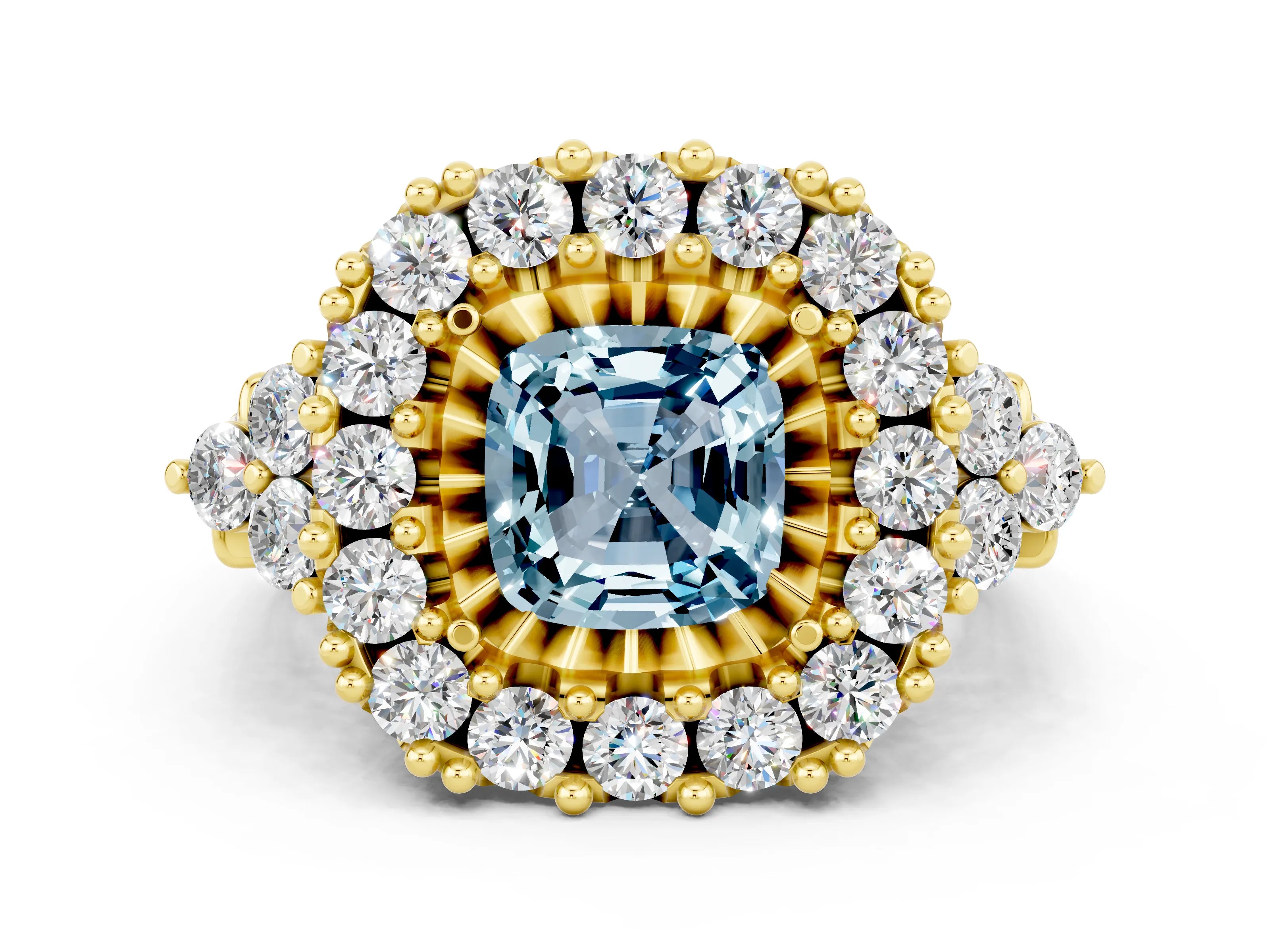 Yellow gold Cushion Cut Aquamarine Halo Ring with Pavé Band and Four-Prong Setting_12