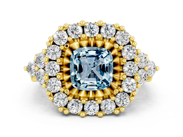 Yellow gold Cushion Cut Aquamarine Halo Ring with Pavé Band and Four-Prong Setting