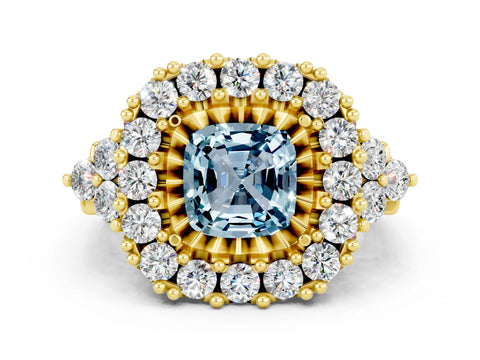 Yellow gold Cushion Cut Aquamarine Halo Ring with Pavé Band and Four-Prong Setting_12