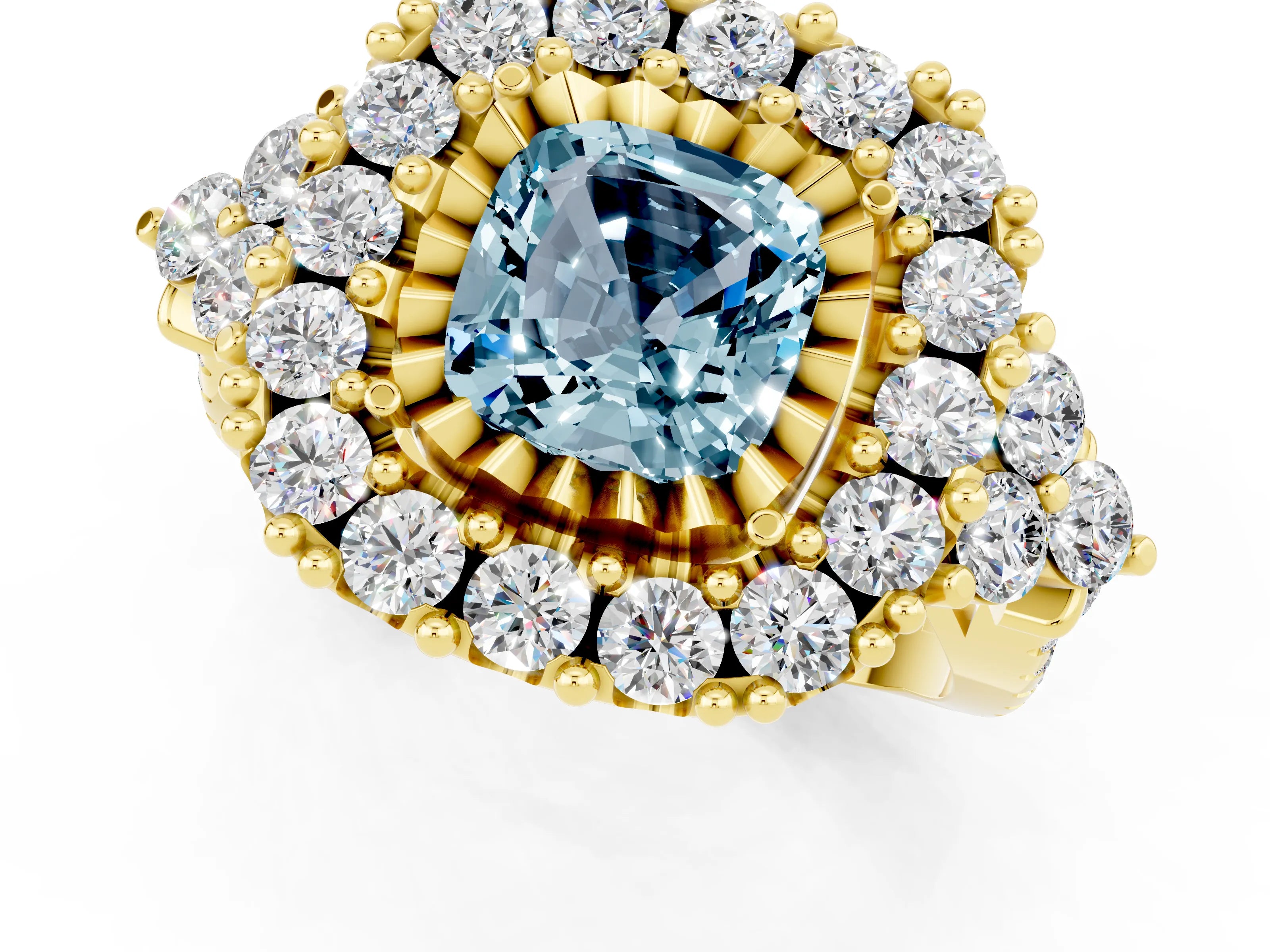 Yellow gold Cushion Cut Aquamarine Halo Ring with Pavé Band and Four-Prong Setting_13