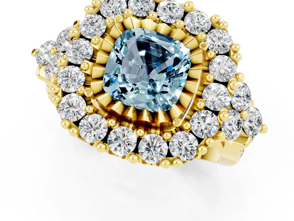 Yellow gold Cushion Cut Aquamarine Halo Ring with Pavé Band and Four-Prong Setting