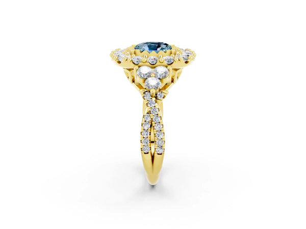 Yellow gold Cushion Cut Aquamarine Halo Ring with Pavé Band and Four-Prong Setting