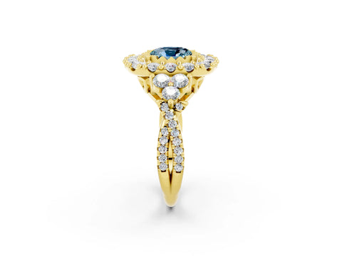 Yellow gold Cushion Cut Aquamarine Halo Ring with Pavé Band and Four-Prong Setting_14