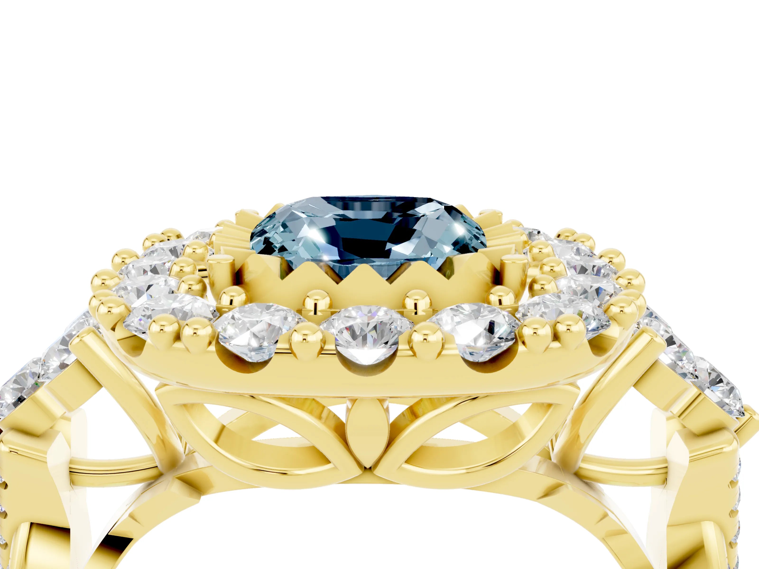 Yellow gold Cushion Cut Aquamarine Halo Ring with Pavé Band and Four-Prong Setting_16