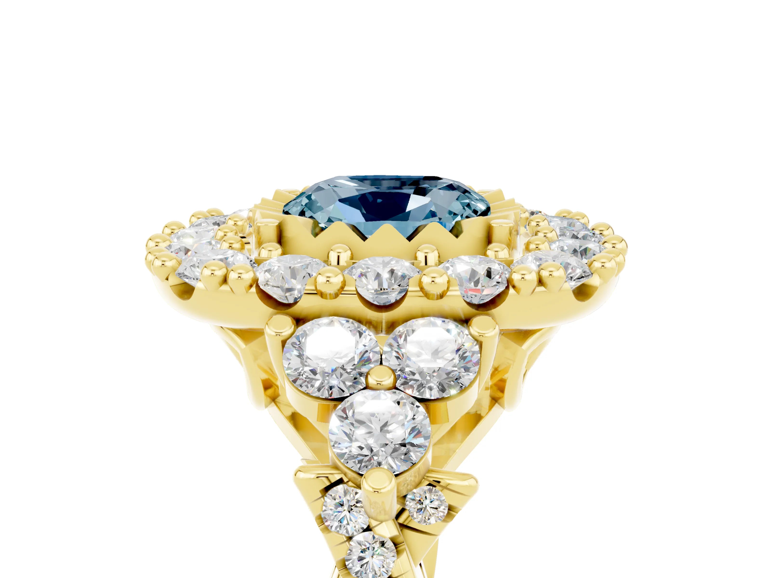 Yellow gold Cushion Cut Aquamarine Halo Ring with Pavé Band and Four-Prong Setting_17