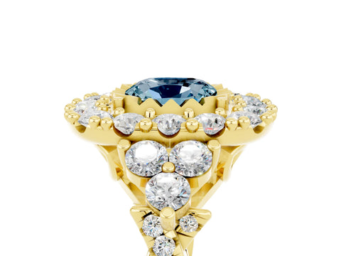 Yellow gold Cushion Cut Aquamarine Halo Ring with Pavé Band and Four-Prong Setting_17