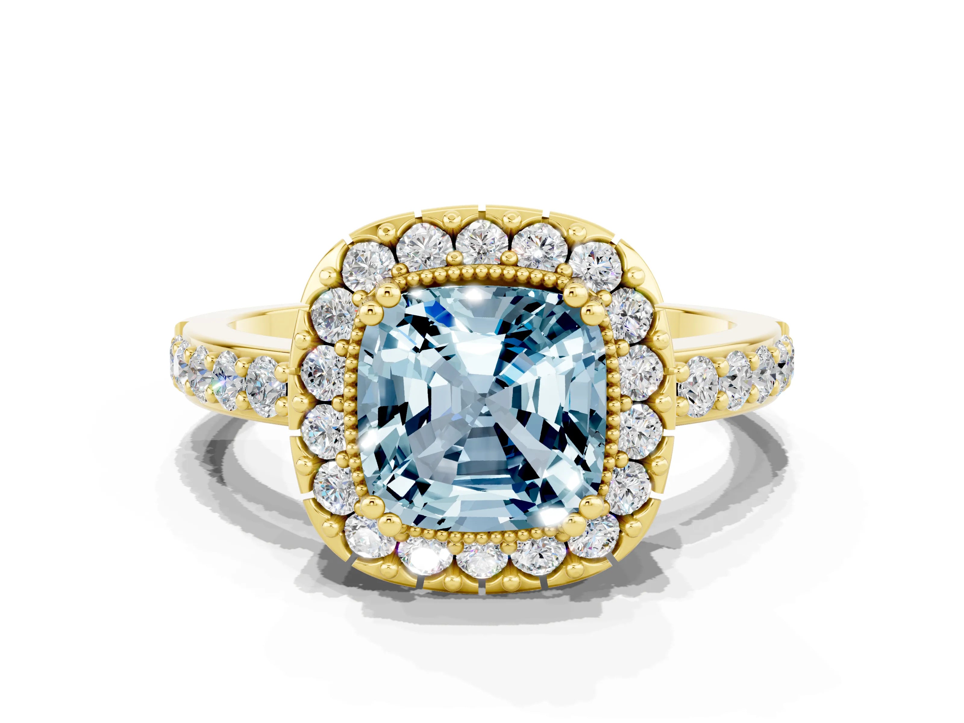 Yellow gold Cushion Cut Aquamarine Halo Ring with Pavé Band and Prong Setting