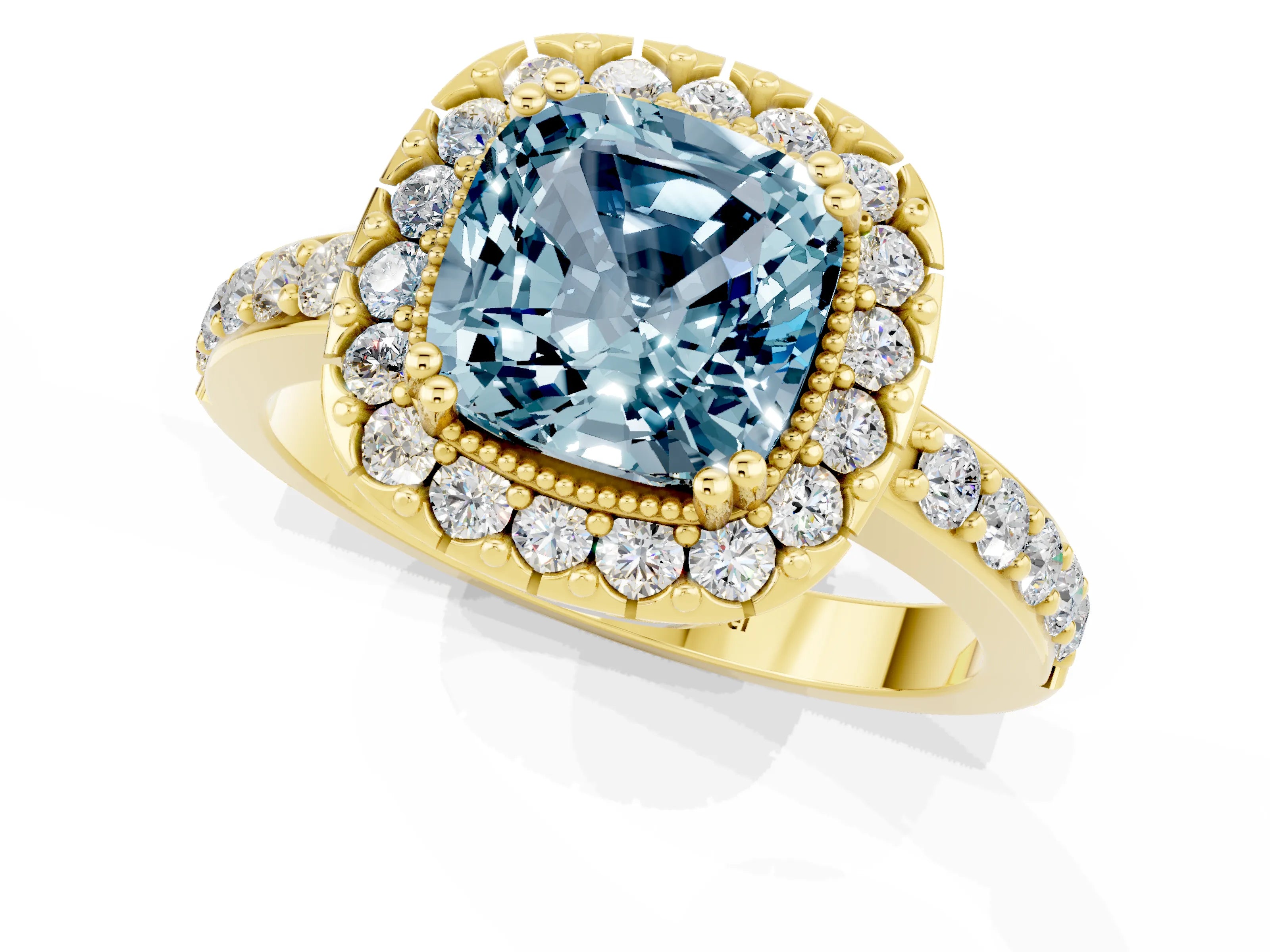 Yellow gold Cushion Cut Aquamarine Halo Ring with Pavé Band and Prong Setting_1