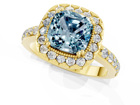 Yellow gold Cushion Cut Aquamarine Halo Ring with Pavé Band and Prong Setting_1