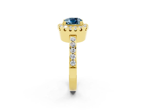 Yellow gold Cushion Cut Aquamarine Halo Ring with Pavé Band and Prong Setting