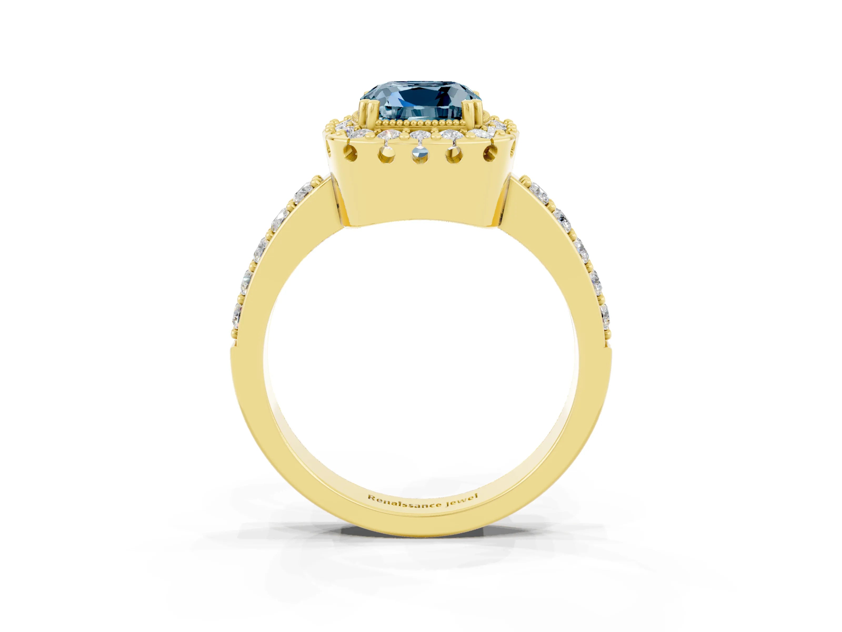 Yellow gold Cushion Cut Aquamarine Halo Ring with Pavé Band and Prong Setting_3