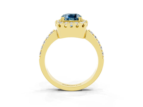 Yellow gold Cushion Cut Aquamarine Halo Ring with Pavé Band and Prong Setting_3
