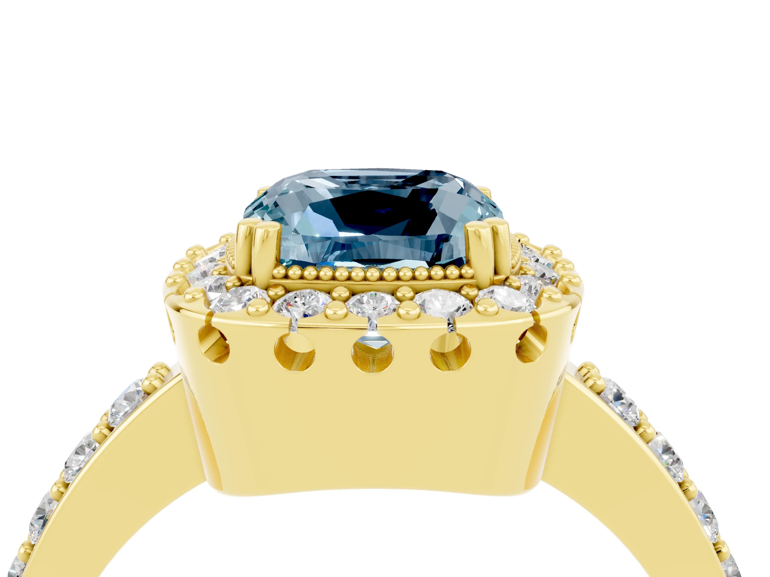 Yellow gold Cushion Cut Aquamarine Halo Ring with Pavé Band and Prong Setting_4