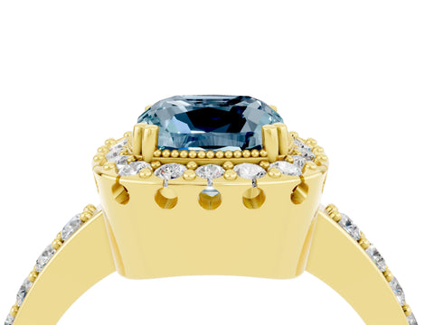 Yellow gold Cushion Cut Aquamarine Halo Ring with Pavé Band and Prong Setting_4