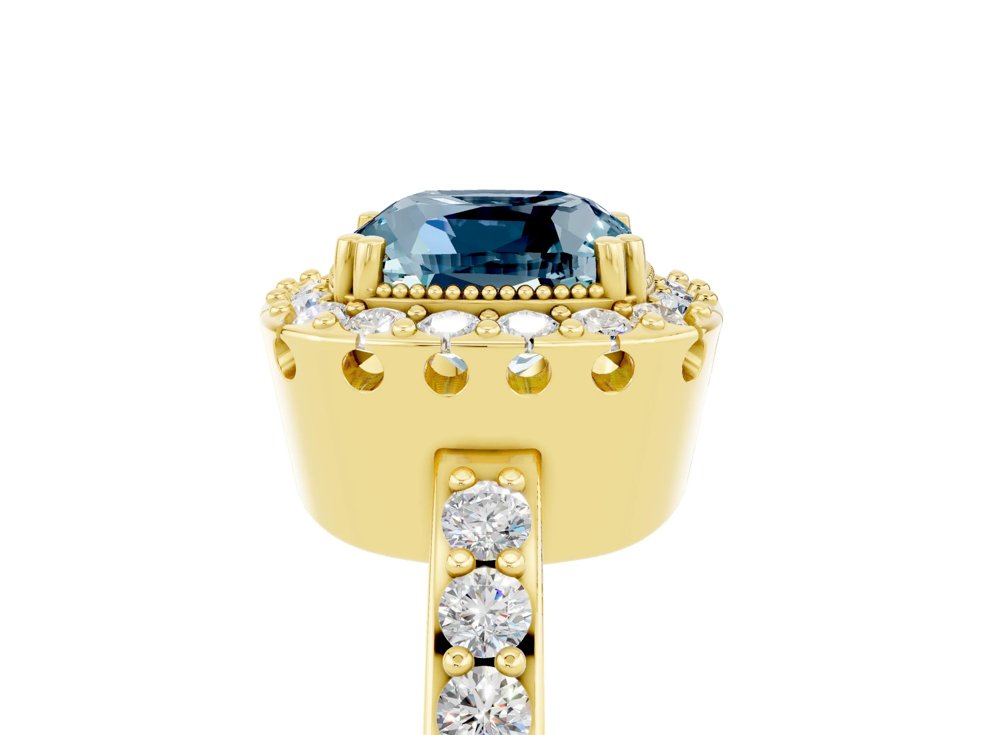 Yellow gold Cushion Cut Aquamarine Halo Ring with Pavé Band and Prong Setting_5