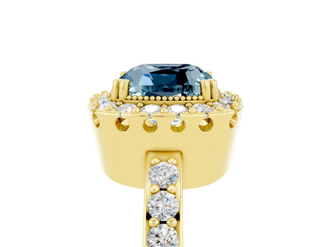 Yellow gold Cushion Cut Aquamarine Halo Ring with Pavé Band and Prong Setting_5