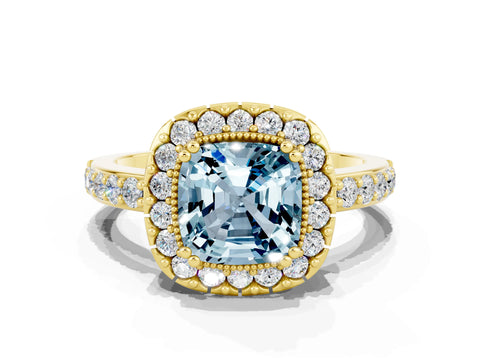Yellow gold Cushion Cut Aquamarine Halo Ring with Pavé Band and Prong Setting
