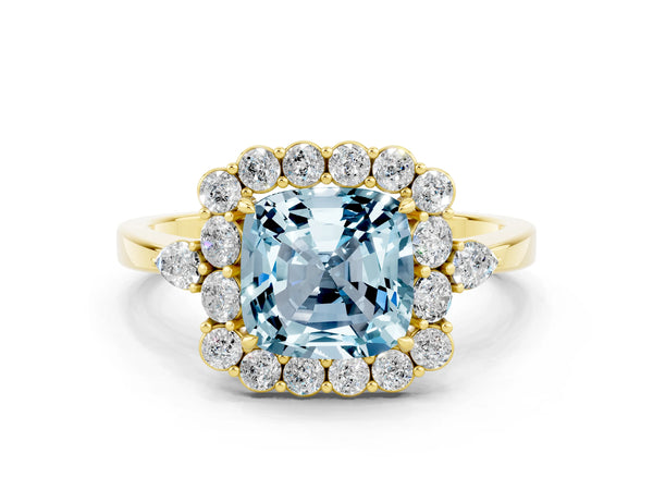 Yellow gold Cushion Cut Aquamarine Halo Ring with Pear Side Stones and Prong Setting