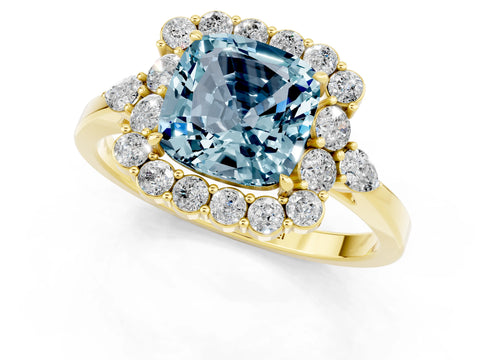 Yellow gold Cushion Cut Aquamarine Halo Ring with Pear Side Stones and Prong Setting_13