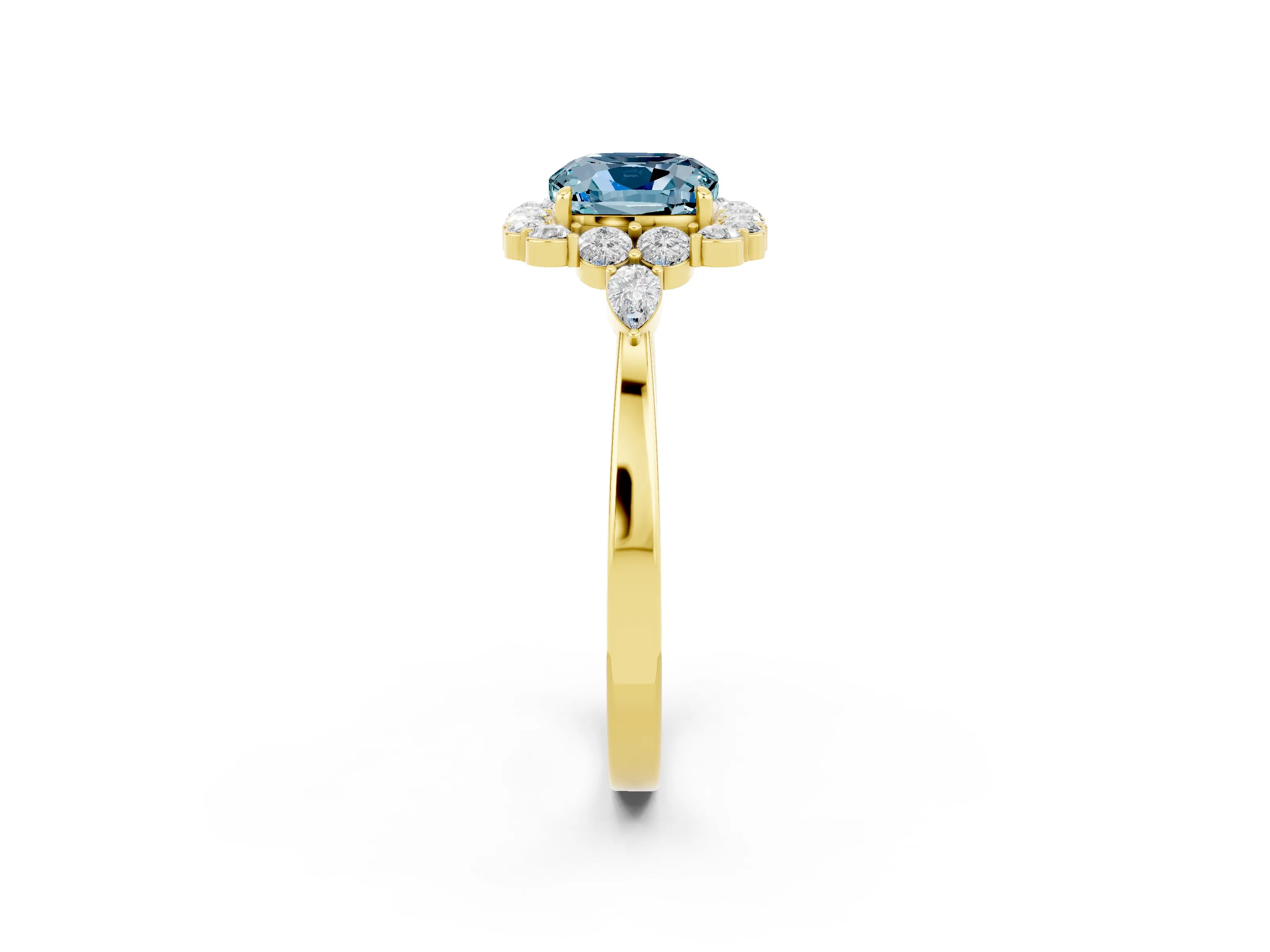 Yellow gold Cushion Cut Aquamarine Halo Ring with Pear Side Stones and Prong Setting_14