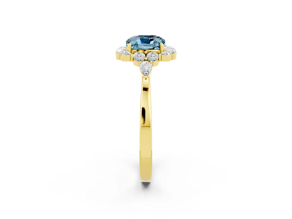 Yellow gold Cushion Cut Aquamarine Halo Ring with Pear Side Stones and Prong Setting