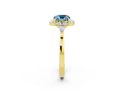 Yellow gold Cushion Cut Aquamarine Halo Ring with Pear Side Stones and Prong Setting_14