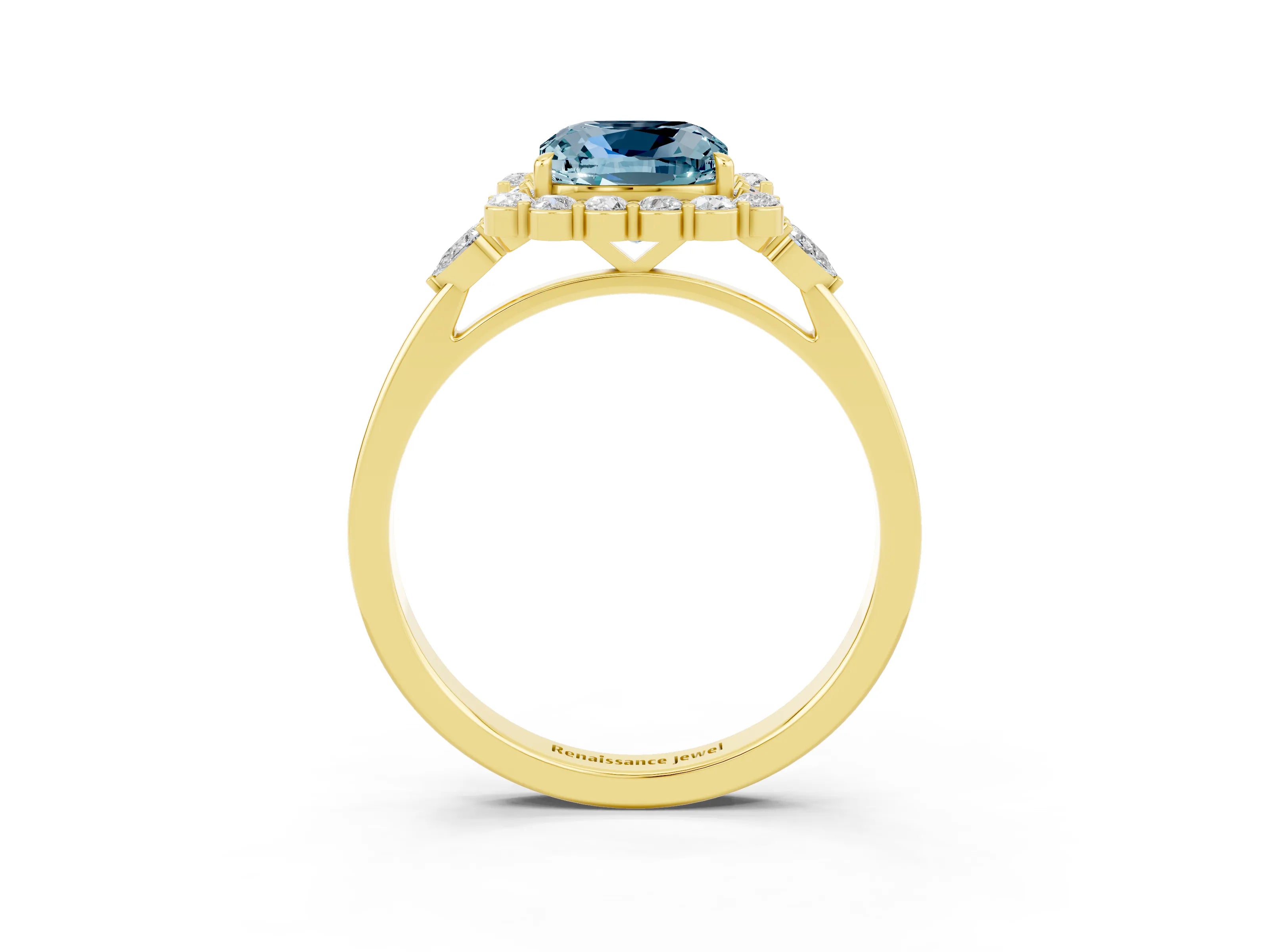 Yellow gold Cushion Cut Aquamarine Halo Ring with Pear Side Stones and Prong Setting_15