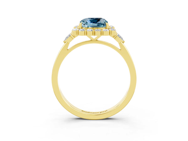 Yellow gold Cushion Cut Aquamarine Halo Ring with Pear Side Stones and Prong Setting