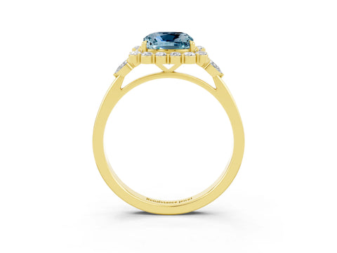 Yellow gold Cushion Cut Aquamarine Halo Ring with Pear Side Stones and Prong Setting_15