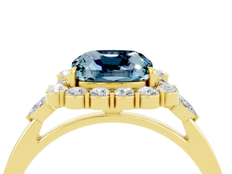 Yellow gold Cushion Cut Aquamarine Halo Ring with Pear Side Stones and Prong Setting_16